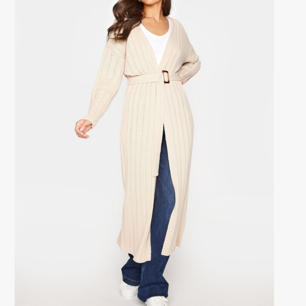 LTS Tall Cream Ribbed Belted Cardigan